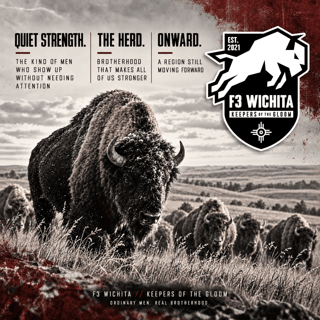 A bison herd on the prairie with the F3 Wichita emblem and the words Quiet Strength, The Herd, and Onward.